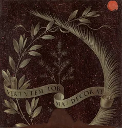 Wreath of Laurel, Palm, and Juniper with a Scroll Inscribed Virtutem Forum Decorat (reverse)